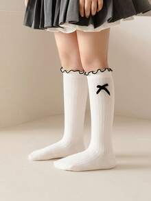 1 双/3 双儿童秋冬及膝袜，黑白灰色蝴蝶结装饰，校园风格女童蕾丝边长袜