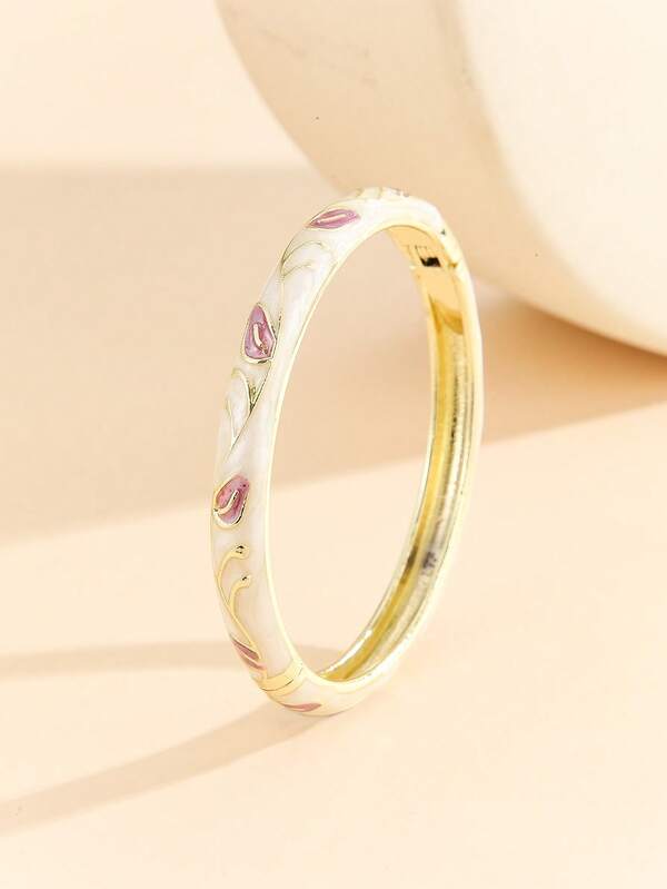 1pc Fashion New Bohemian Style Gold Plated Leaf Pattern Ellipse Shape Enamel Cloisonne Bracelet Bangle Jewelry For Girls And Women