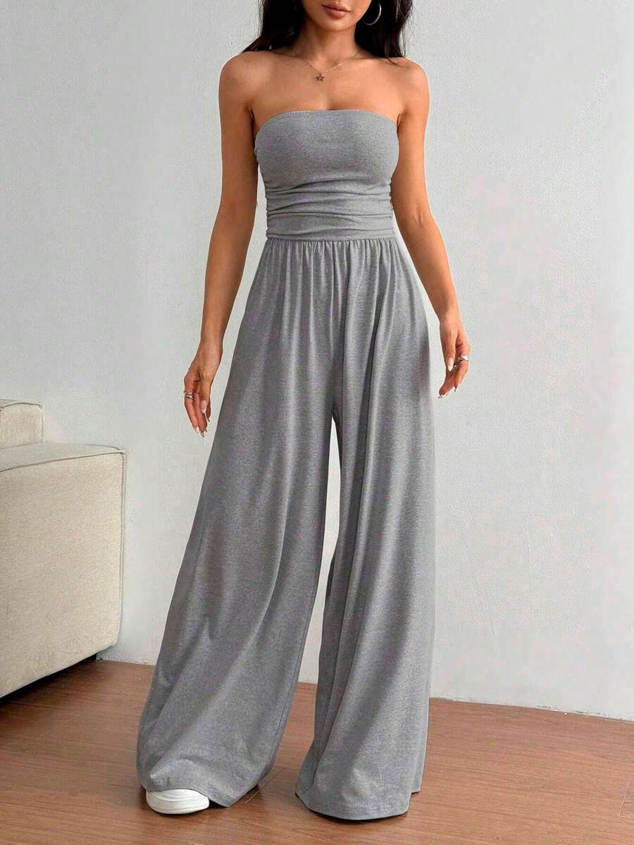 Swisz Women's Elegant Strapless Wide Leg Jumpsuit With Draping Formal Fashion - Grey - View 1