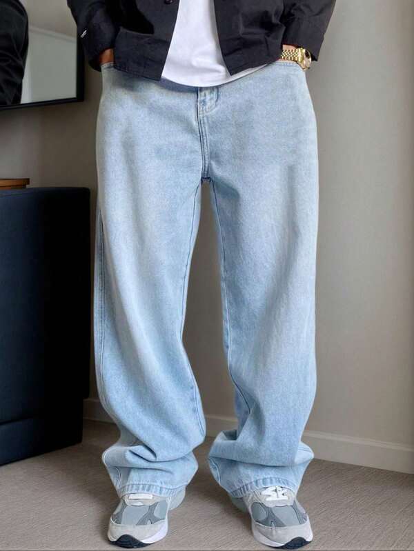 Calça jeans masculina casual vintage com ajuste solto e bolsos