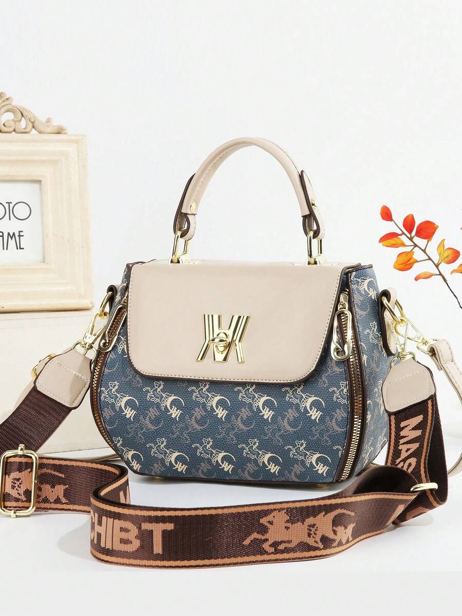 Nouveau sac à main à la mode avec imprimé lettres pour femmes, sac fourre-tout professionnel pour le trajet - Bleu azur - Voir 1