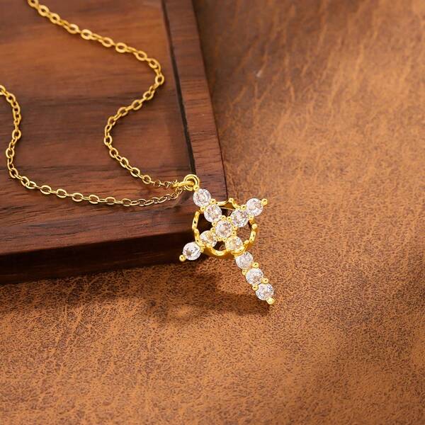 1pc Crown Cross Necklace Women Men Zirconia Gold Pated Rotable Pendant Necklace Party Vacation Birthday Jewelry Gift For Girlfriend BBF Couple