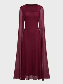 优雅时尚披肩袖宫廷风修身连衣裙，适合毕业典礼、婚礼等场合，高端优雅长袖斗篷式性感修身优雅长袖连衣裙，酒红色，春季必备 - 酒紅色 - 查看 9