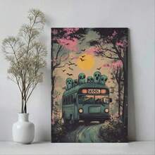 1 tấm áp phích in vải canvas hình xe buýt trường học dễ thương đón những chú ma nhỏ, đồ trang trí Halloween ma quái, hình in ma vui nhộn, nghệ thuật ma Halloween không có khung - Có sẵn nhiều màu sắc - Xem 10
