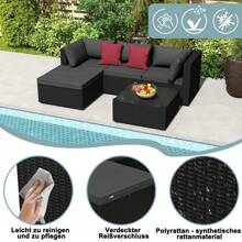 LILIIN Polyrattan Garden Furniture Set Outdoor Lounge Balcony Furniture Garden Lounge With 3-Seater Sofa, Table, Armchair, Stool, Seat Cushion, Weatherproof, Terrace Furniture Seating Group For Garden, Balcony And Patio, Black - 黑色 - 查看 6