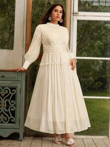 Anewsta Vestido formal de manga larga con manga abullonada distintiva, pliegues en la cintura y cuello alto, vestido de línea A para mujer de talla grande - Champán - Ver 1
