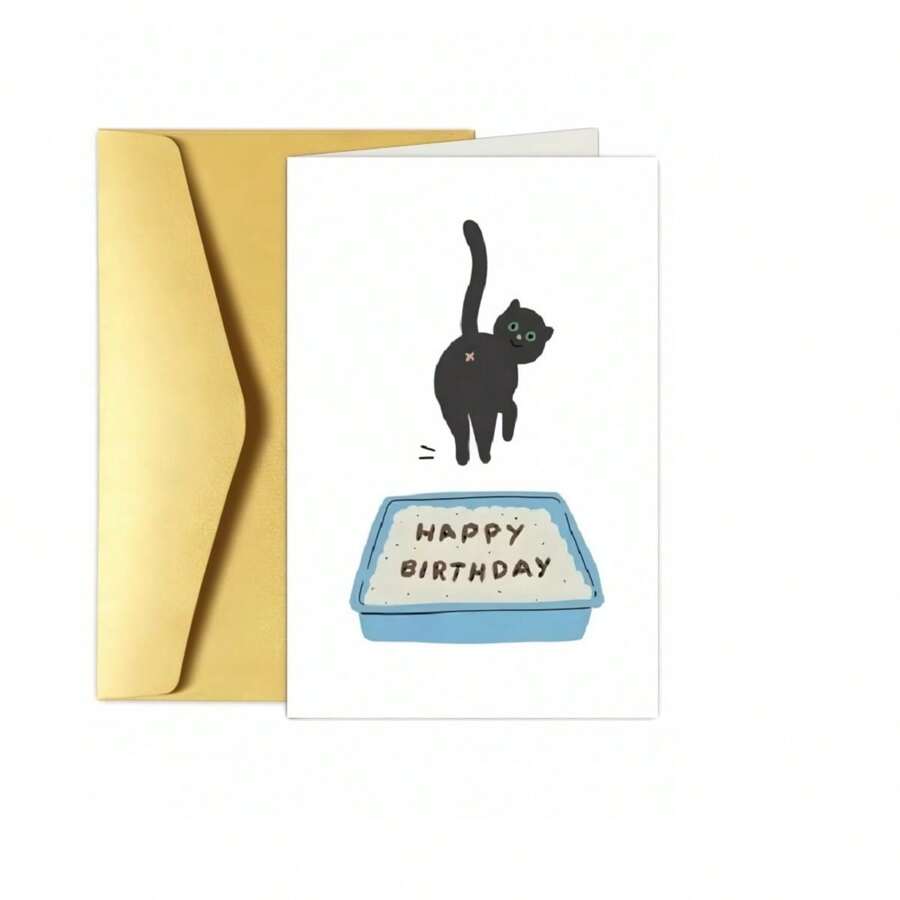 Whimsical, Funny Cat Litter Box Birthday Card - Perfect For Him, Her, Colleagues, Family & Friends | Unique Greeting Card With "Happy Birthday" Message
