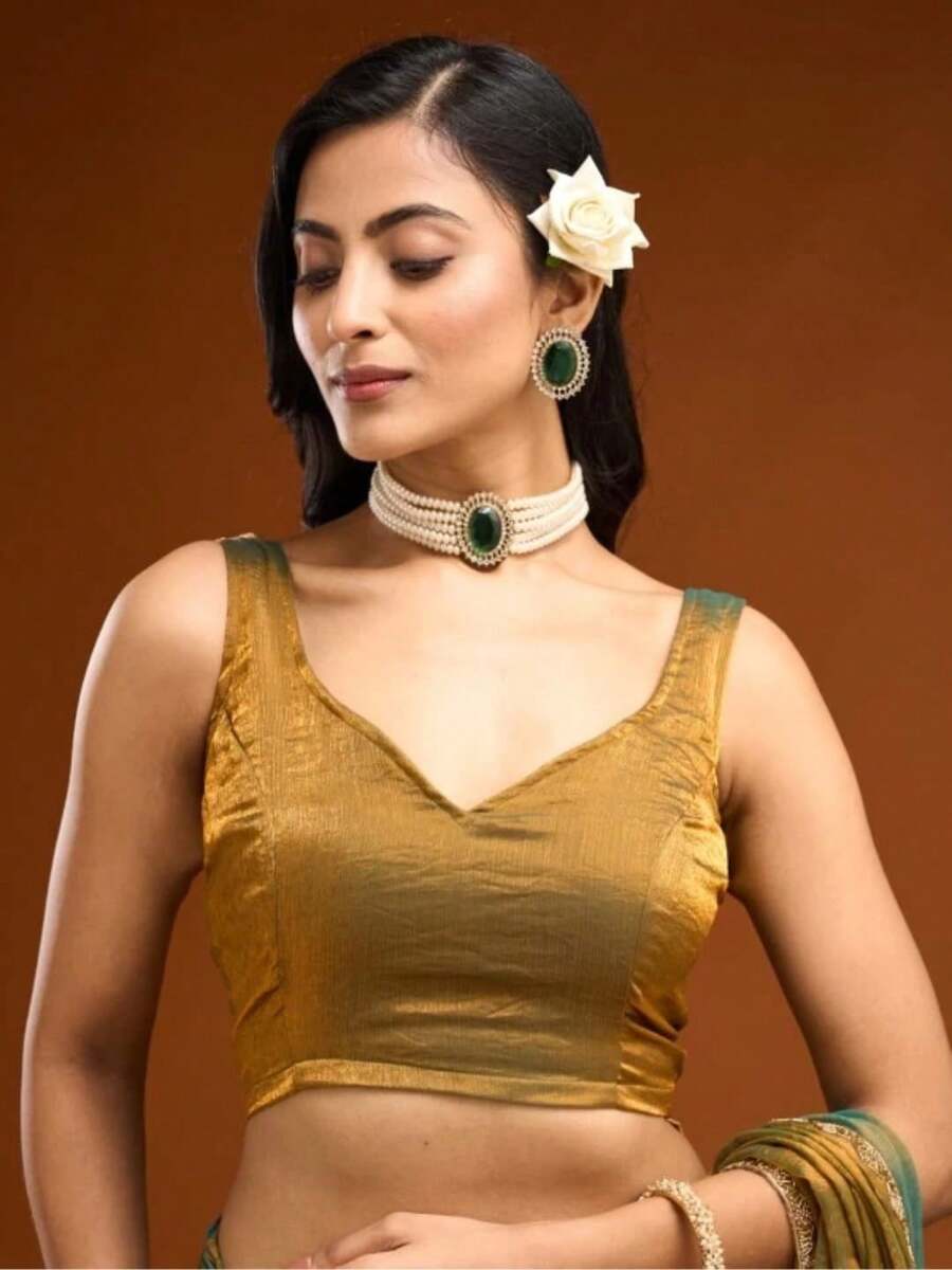 Estationeryhouse Designer Shiny Two Tone Soft Tissue Silk Saree With Antique Embroidered Border, Blouse Piece Included(Bronze) - 銅色 - 查看 1