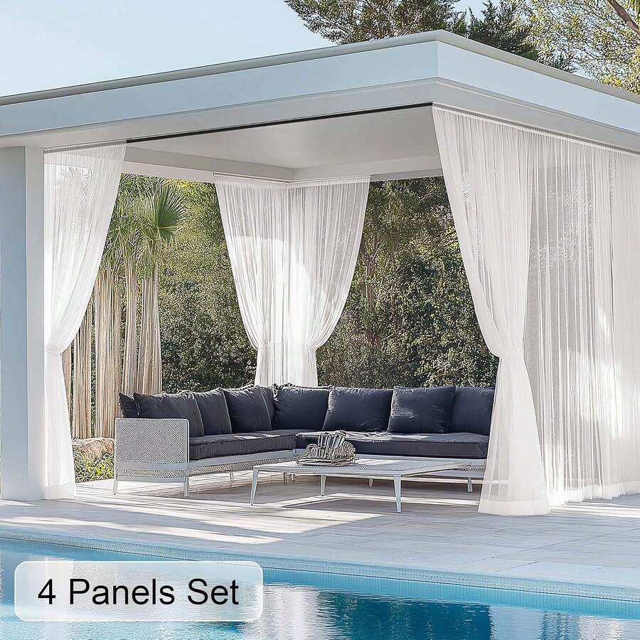 4pcs Elegant Breathable Outdoor Sheer Curtains | Semi-Transparent, Lightweight Polyester, Machine Washable, With Rod Pocket For Patio, Porch, Gazebo, And Backyard - All-Season Decorative Drapes, Garden Curtain
