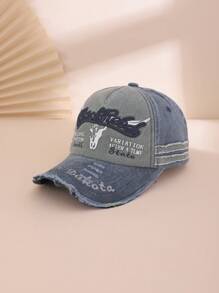 1pc Men's Color Block Embroidered Letter Distressed Washed Vintage Motorcycle Cap, Sun-Shading Fashion Baseball Hat, Streetwear Casual