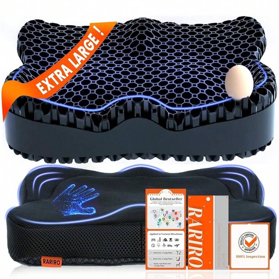 Enlarged 19.7" Gel Seat Cushion, Egg Gel Chair Pads For Wheelchair Pressure Coccyx Sciatica Pain Relief, Cooling Desk Seat Cushion For Kayak, Car, Office Chair Long Sitting[Black]-657741 - 黑色19716135英寸 - 查看 1