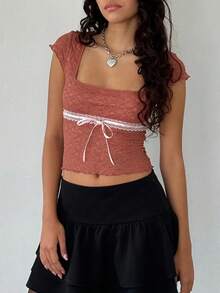 2026 New Women Lace Crop Top Square Neck Short Sleeve Sheer Blouse With Ribbon Bow Suitable For Going Out In Summer - Red - View 3