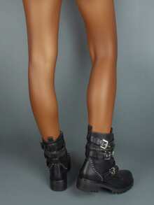 Women's Thick Sole Ankle Boots With Rhinestone Studs, Motorcycle Boots, Gothic Punk Style With Metal Decoration Chain And Zipper - Black - View 6