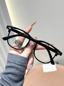 1pc Classic Elegant Modern Minimalist Style Women's Fashion Lightweight Rhinestone Transparent Glasses, Suitable For Watching TV, Playing Games, Mobile Phone Decoration - 黑框白平 - 查看 4