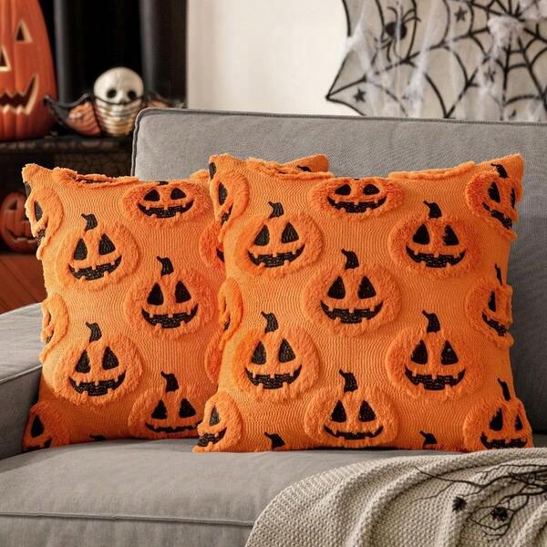 Fall Halloween Throw Pillow Covers 18x18 Decorative Pumpkin Pattern Pillowcases Soft Plush Faux Wool Cushions For Home Patio Sofa CouchOrangeBlack