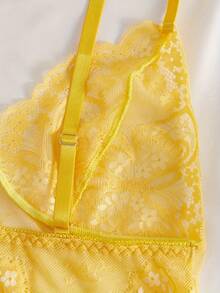 Women Sexy Butterfly Lace Lingerie Set Lace See-Through Top With Open-Crotch Underwear Adult Lingerie 2Pcs Set - Yellow - View 5