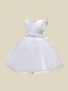 Young Girls' Solid Color Chiffon & Satin Dress, Simple & Elegant Dress Suitable For Performance, Hosting, Runway, Does Not Include Hair Accessories - White - View 3