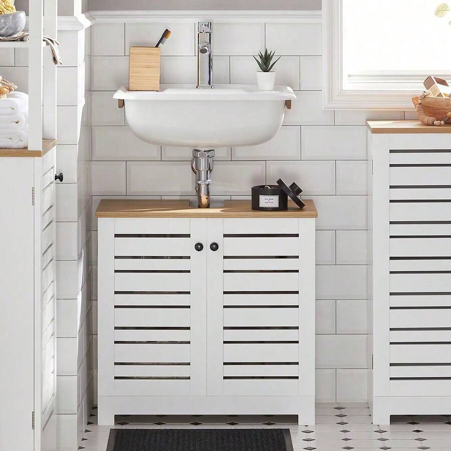 SoBuy BZR40-W Vanity Unit With Louvre Doors Bathroom Cabinet Vanity Unit Base Cabinet Bathroom Furniture White-Natural W X H X D Approx: 60 X 59 X 30 Cm Home Bathroom Decor Bathroom Organizer Summer Bathroom Accessories - White - View 1