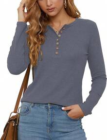 Women's Waffle Knit Casual Long Sleeve Blouses Button Down Henley Shirt 2025 Fashion - Dark Grey - View 3