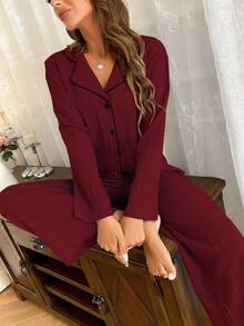 Nina Bonheur 两件套女士宽松前开襟长袖衬衫搭配松紧腰直筒裤睡衣套装，舒适保暖，秋冬服装 - 酒紅色 - 查看 6