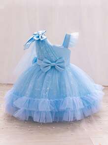 H HIBOBI Baby Girl Asymmetric Sleeve Butterfly Print Tulle Party Dress, Birthday Outfit - Blue - View 1