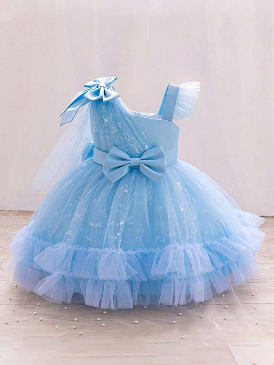 H HIBOBI Baby Girl Asymmetric Sleeve Butterfly Print Tulle Party Dress, Birthday Outfit - Blue - View 1