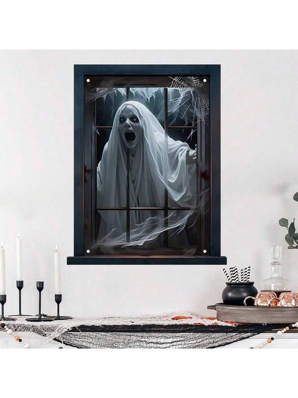 Pegatina de pared de ventana falsa de Halloween con diseño de un fantasma femenino aterrorizado, impermeable, desmontable, autoadhesiva, fácil de pelar y pegar, calcomanías de pared removibles, decoraciones del festival de Halloween, para ambiente de Halloween
