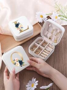 1pc Floral Rose Initial Jewelry Box, A-Z PU Leather White Portable Travel Jewelry Box, Black Jewelry Storage Box, Pink Mini Portable Zipper Jewelry Box, Necklace, Ring Pendant, Bracelet, Earring Storage Box, Jewelry Packaging Box, Suitable For Mother's Gift, Wedding Gift, Bridesmaid Gift, Anniversary Gift, Christmas Gift And Girlfriend's Boutique Gift. - Multicolor - View 9