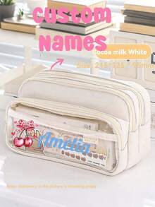 1件熱轉印客製化燈芯絨筆袋，個性化大容量拉鍊筆袋，文具收納袋，適用於學校用品、辦公室、居家，返校禮物，現代彩色可愛復古卡通風格，美學桌面收納 - 彩色 - 查看 2