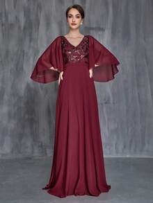 Faeriesty Đầm dành cho mẹ cô dâu thanh lịch, thiết kế cổ chữ V, tay áo xếp ly, chân váy chữ A bồng bềnh - Sự lựa chọn lý tưởng cho các đám cưới trang trọng, tiệc gala, tiệc kỷ niệm, sự kiện từ thiện và các buổi tiệc sang trọng. - Màu Đỏ Sâu - Xem 6