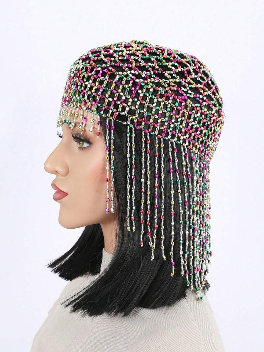 1pc Handmade Crochet Hollow Out Decorative Beaded Cap - Color - View 1
