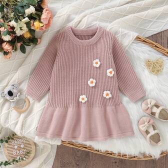 Baby Girls' Sweet Knitted Dress, 3D Handmade Flower Decor, Round Neck Long Sleeve, Casual Minimalist Style, Comfortable And Fashionable For Daily Wear