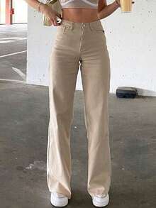 Cross-Border Women's All-Season Best-Selling Street Pure Color Casual Wash Mid-Waist Worn Straight-Leg Jeans Versatile Casual Pants - Màu Khaki - Xem 4