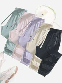 Women's Solid Color Fitness Running Workout Fashionable Outdoor Exercise Sheer Drawstring Elastic Waist With Cuffed Leg Pants, Girlfriend Style Gym Fitted Yoga Outdoor Workout Running Cycling Cropped Sport Trousers, Great Gift For Girlfriend