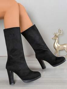 Black Thick Heel Women's Fashion Boots, High Heels, Platform Shoes, Winter Casual Fabric Footwear, Non-Holiday Vacation - Black - View 6