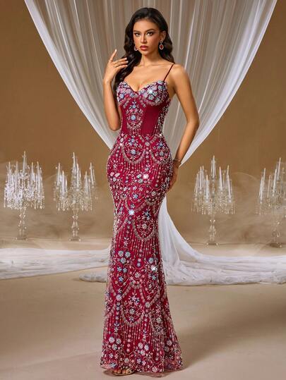 GIFORU Main Character Energy Burgundy Sequin Evening Dress – Sexy Spaghetti Strap Beaded Mermaid Maxi Gown, Luxury Bodycon Formal Dress For Prom, Birthday & Special Nights,This Burgundy Sequin Evening Gown Is Made For The Woman Who Walks In With Confidence, Owns Every Glance, And Leaves A Lasting Impression. Designed To Hug Your Curves And Shimmer With Every Step, This Dress Turns Any Event Into Your Moment.