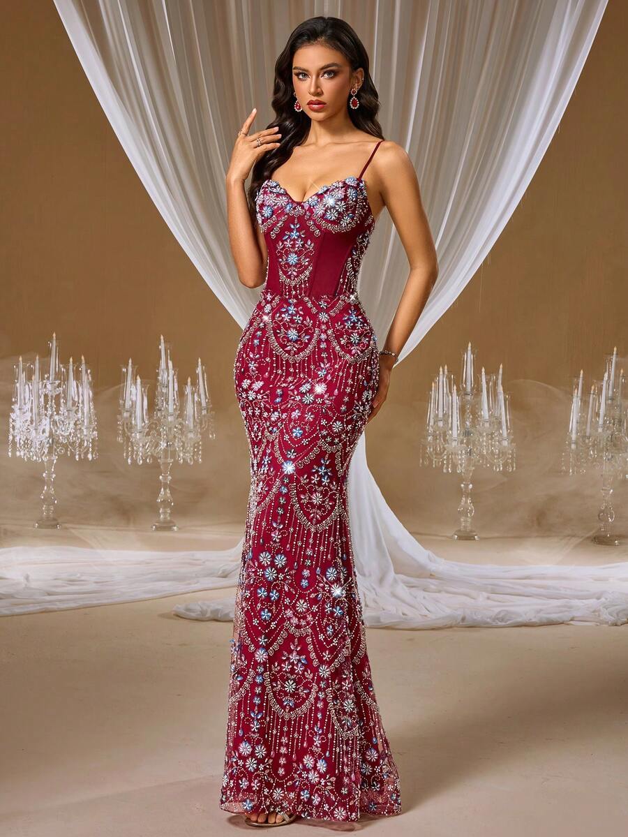 GIFORU Luxury Wine Red Sequin Spaghetti Strap Beaded Mermaid Dress, Fitted Silhouette, New Bride Wedding Gown, Formal Prom Gown, Women's Occasion Dress For Wedding, Party, Birthday - Hot Pink - View 1