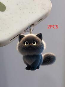 2pcs Cute 2D Acrylic Flat Black Cat Dust Plug, Suitable For Type-C & Lightning Charging Port, Phone Earphone Charging Interface Dust Plug Pendant Decor