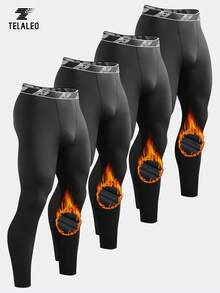 TELALEO 4 Packs Men's Thermal Compression Pants Fleece Lined Sports Tights Athletic Leggings Cold Weather Baselayer Winter Gear - 黑色 - 查看 1