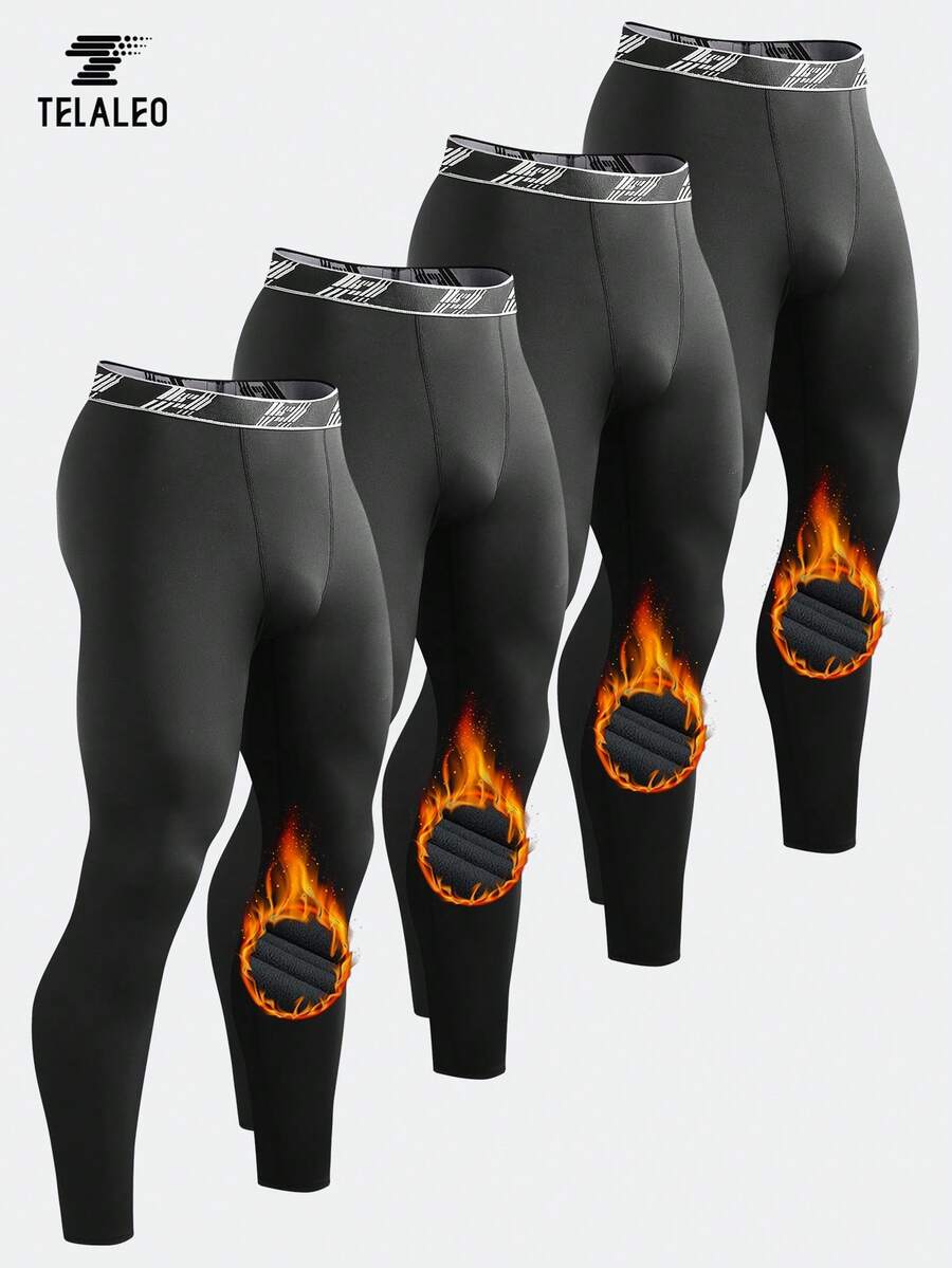 TELALEO 4 Packs Men's Thermal Compression Pants Fleece Lined Sports Tights Athletic Leggings Cold Weather Baselayer Winter Gear - 黑色 - 查看 1