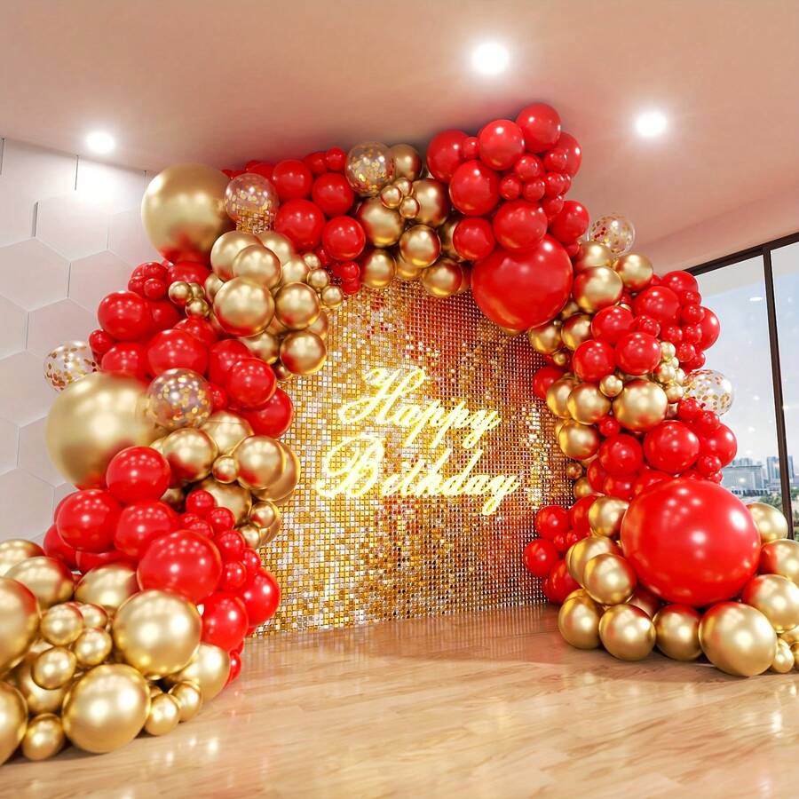 113件組金紅氣球套裝，黑紅乳膠氣球與鋁箔氣球，多種尺寸，適用於萬聖節、婚禮、生日、成年禮、畢業典禮、派對