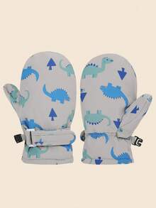 1 par de luvas infantis grossas e quentes de inverno com estampa de dinossauro em cores sólidas para atividades ao ar livre - Multicolorido - Ver 10