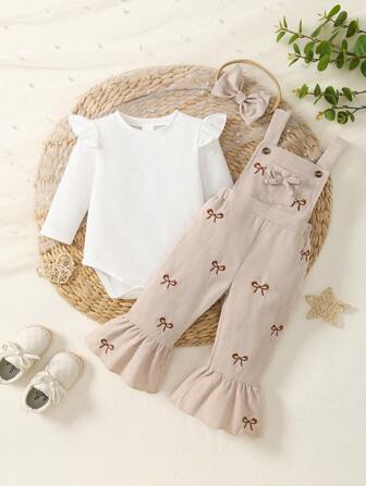 3pcs/Set Baby Girls' Cute Simple Elegant White Long Sleeve Bodysuit, Camel Embroidered Bow Overalls, & Bow Headband