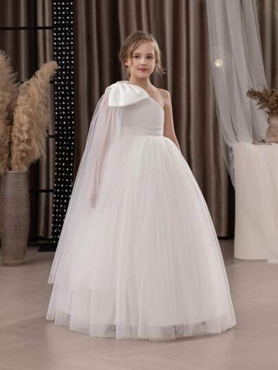 Vestido elegante de fiesta de Navidad con un hombro, volantes de tul y lazo para niña preadolescente. Vestido de princesa adecuado como regalo de cumpleaños, para fiestas, bodas, niña de las flores, dama de honor, Día de Acción de Gracias, graduación