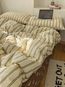 3 piezas Juego de Funda Nórdica de Poliéster 100% con Estampado de Rayas Vintage, 2 Fundas de Almohada + 1 Funda Nórdica (Sin Sábana Bajera)