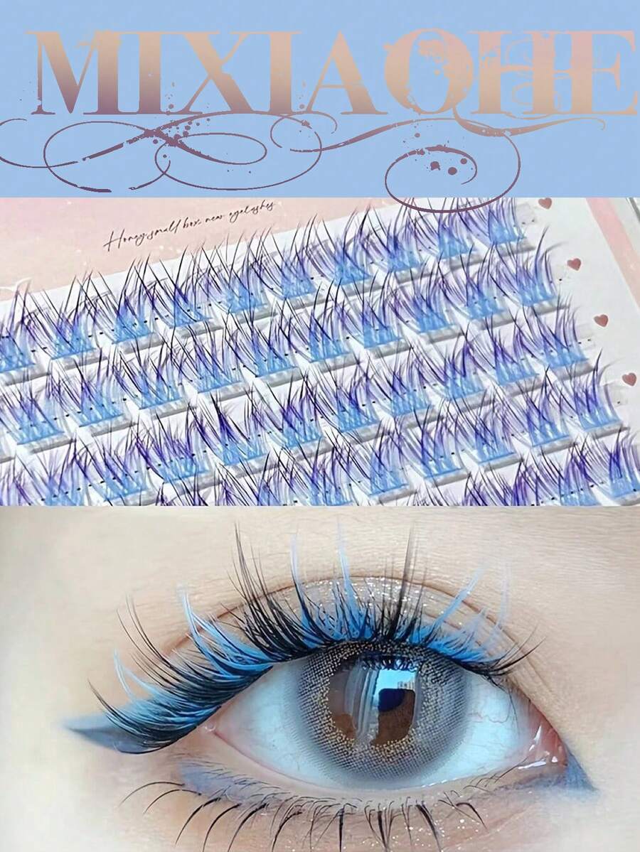 Colorful False Eyelashes, 3-Segment Fluffy Design, European Anime Style, DIY Single Cluster, Vibrant Punk Color, Suitable For Halloween Eye Makeup And Cosplay Props, C-Curl Thick Eyelash Extensions - C - View 1