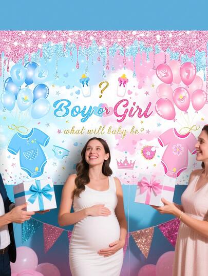 1 件粉色和蓝色性别揭秘派对背景，采用耐用聚酯纤维制成，多种尺寸，包括气球和瓶子，男孩或女孩的性别揭秘横幅，非常适合婴儿洗礼和性别揭秘派对装饰，室内/室外使用