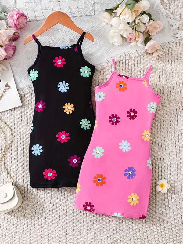 Two-Pack Girls' Comfortable Knitted Floral Print Snug Fit Dress With Thin Shoulder Straps