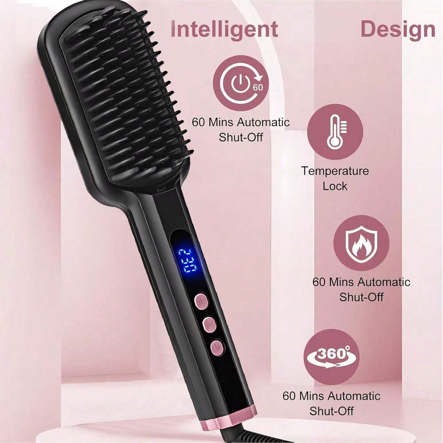 Cepillo alisador de cabello con iones negativos de alta temperatura, diseño 2-en-1 que puede usarse como peine y como alisador de cabello, pantalla L
