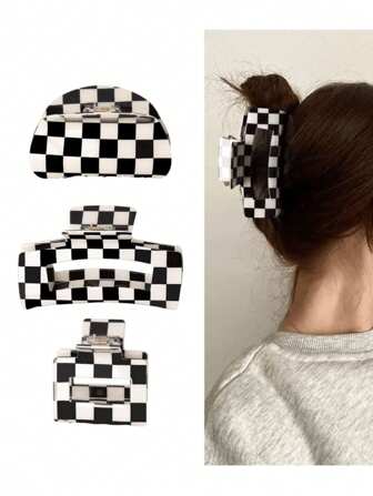 3 piezas/1 pieza Pinza de pelo con diseño geométrico de tablero de ajedrez para mujer, apta para uso diario, accesorios para el cabello, pinzas de pelo, pasador de pelo, accesorio de pelo para vacaciones y atuendos de mujer